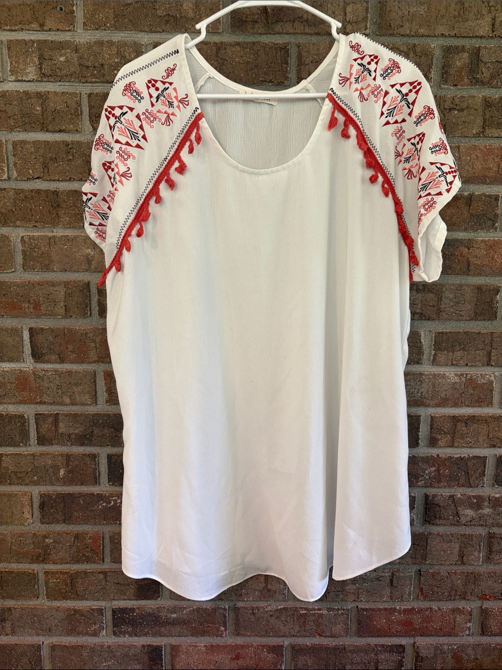 indigo soul White Tunic Top with Red Embroidered Shoulders